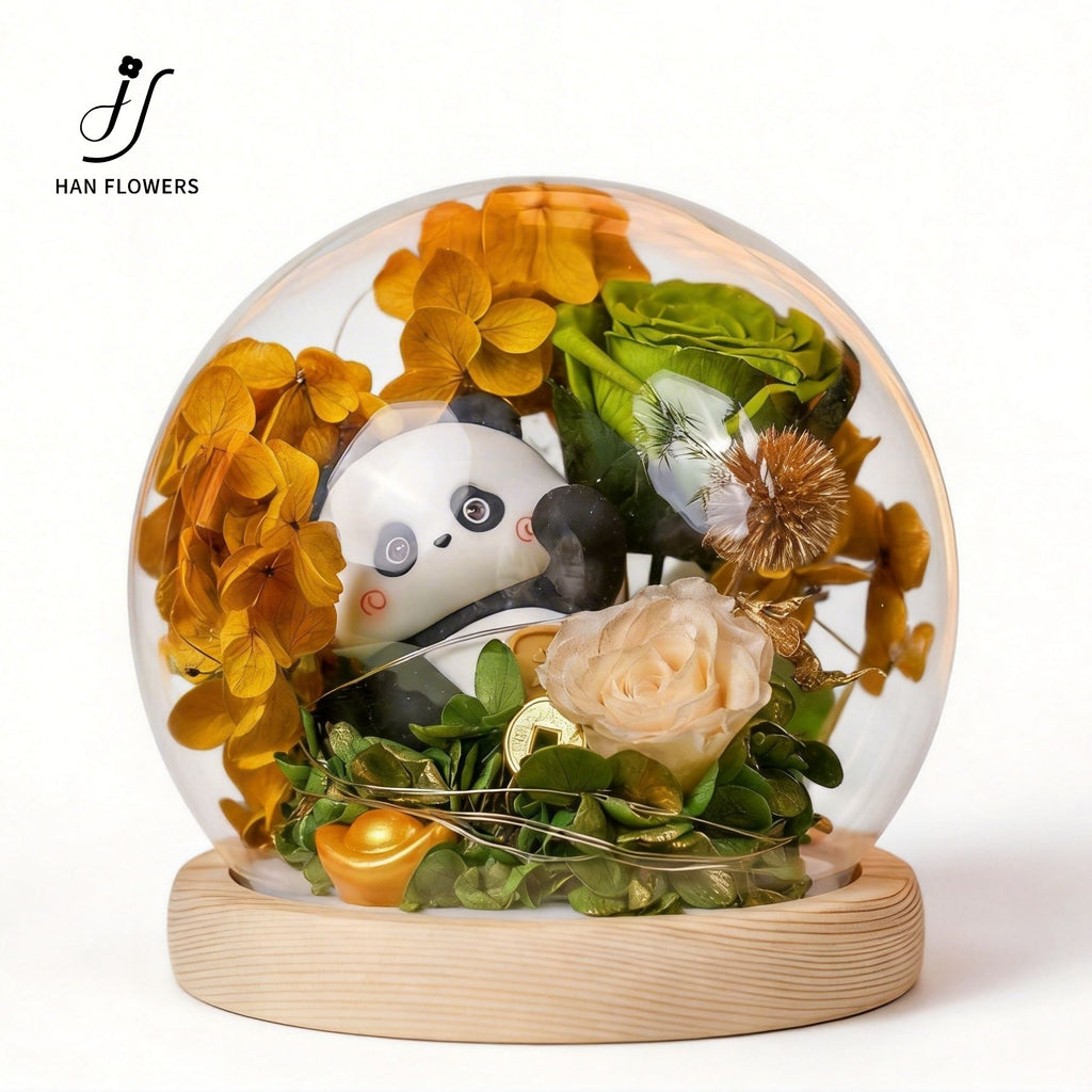 Preserved Flower Fortune Panda with LED