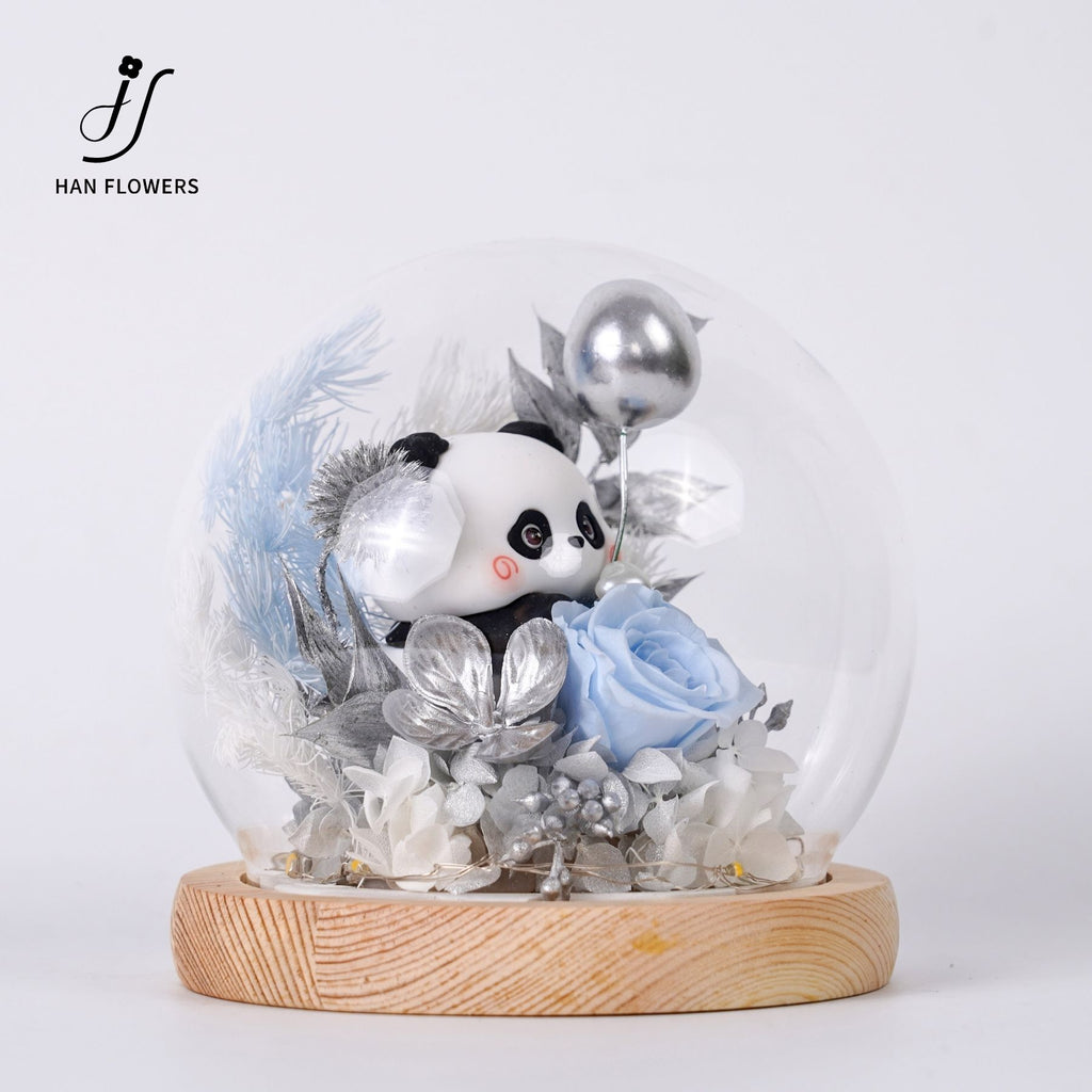 Preserved Flower Panda Fortune Design (Silver and LED Light)