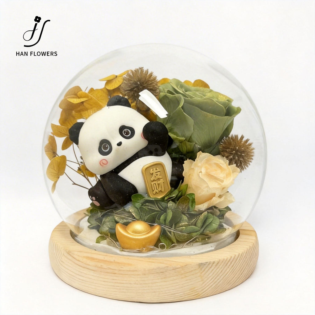 Preserved Flower Fortune Panda with LED