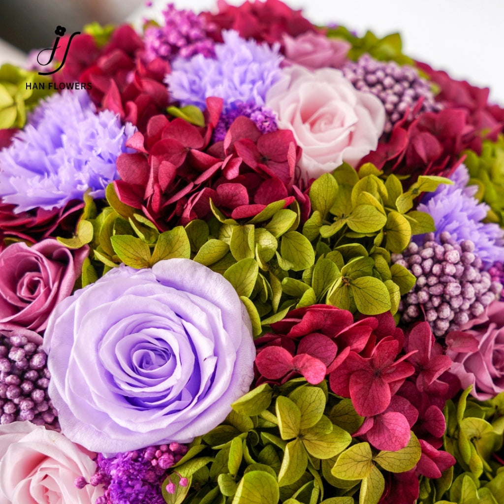 Purple Pink Preserved Flower Bloom Bucket