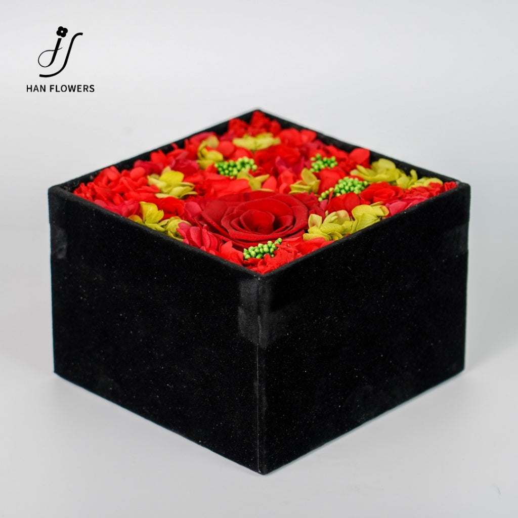 Preserved Rose in Black Velvet Square Box