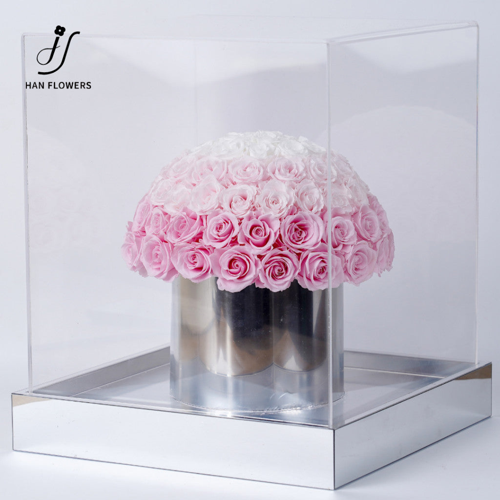 Misty Pink White Preserved Flower Bucket