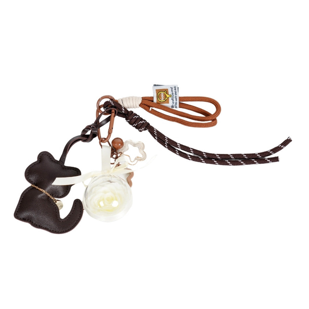 Brown Cat Preserved Rose Bag Charm