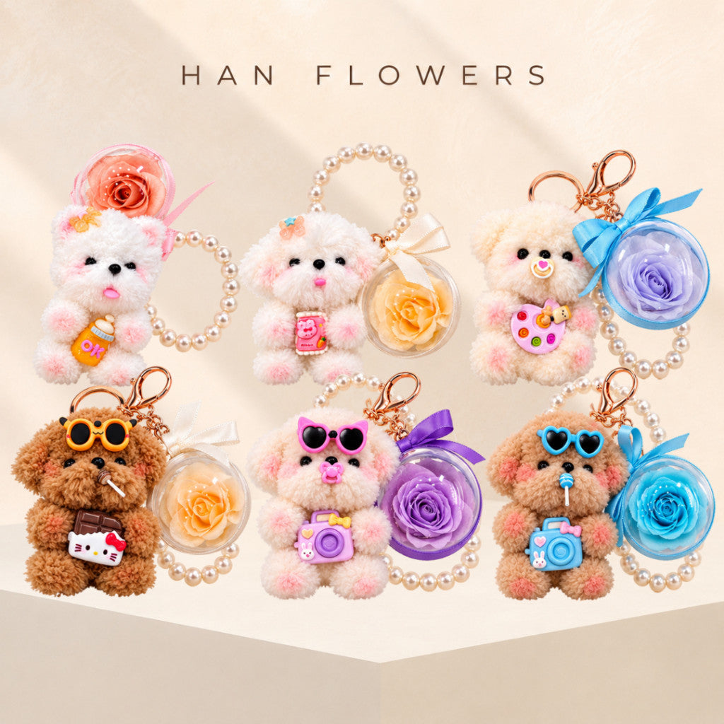 Puppy Preserved Rose Keychain