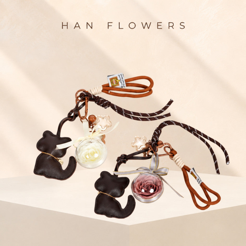 Brown Cat Preserved Rose Bag Charm