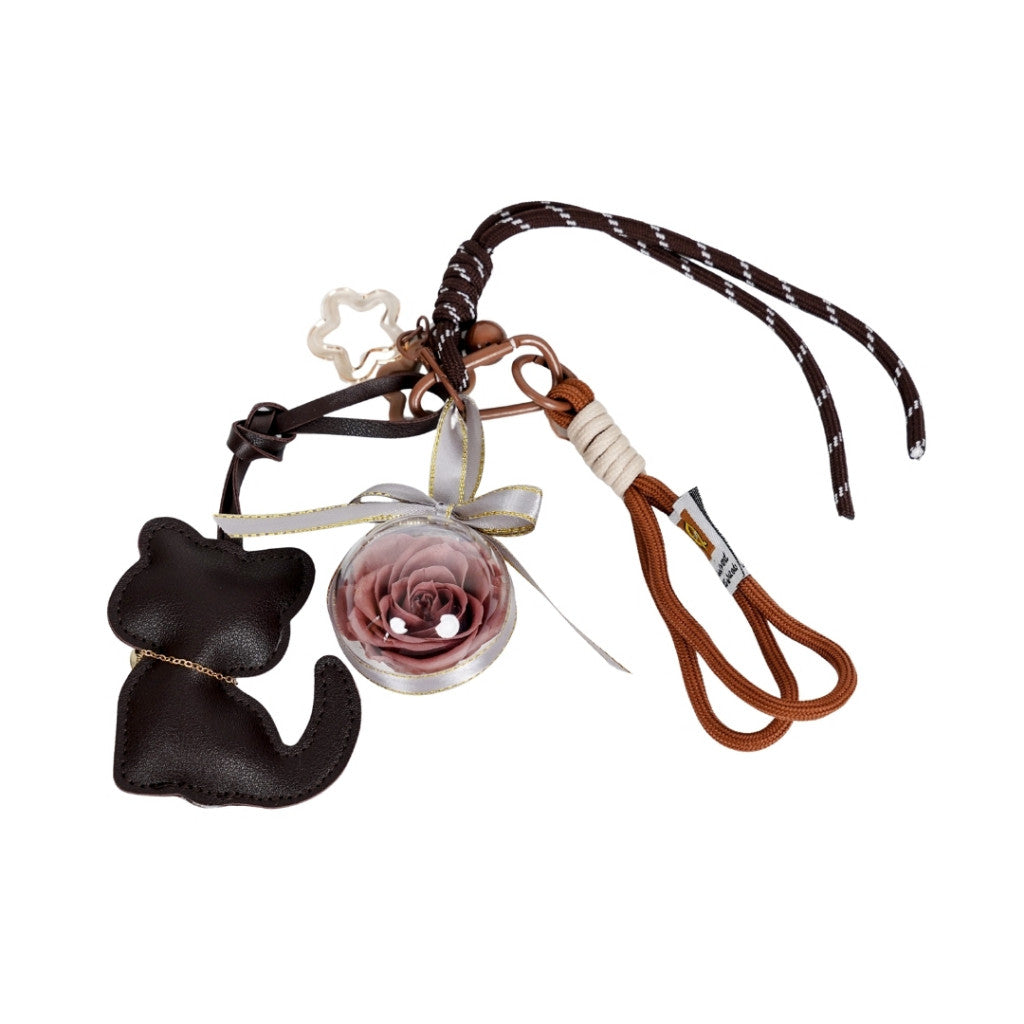 Brown Cat Preserved Rose Bag Charm