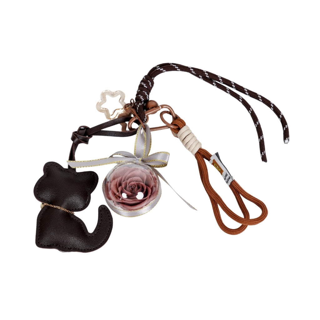 Brown Cat Preserved Rose Bag Charm