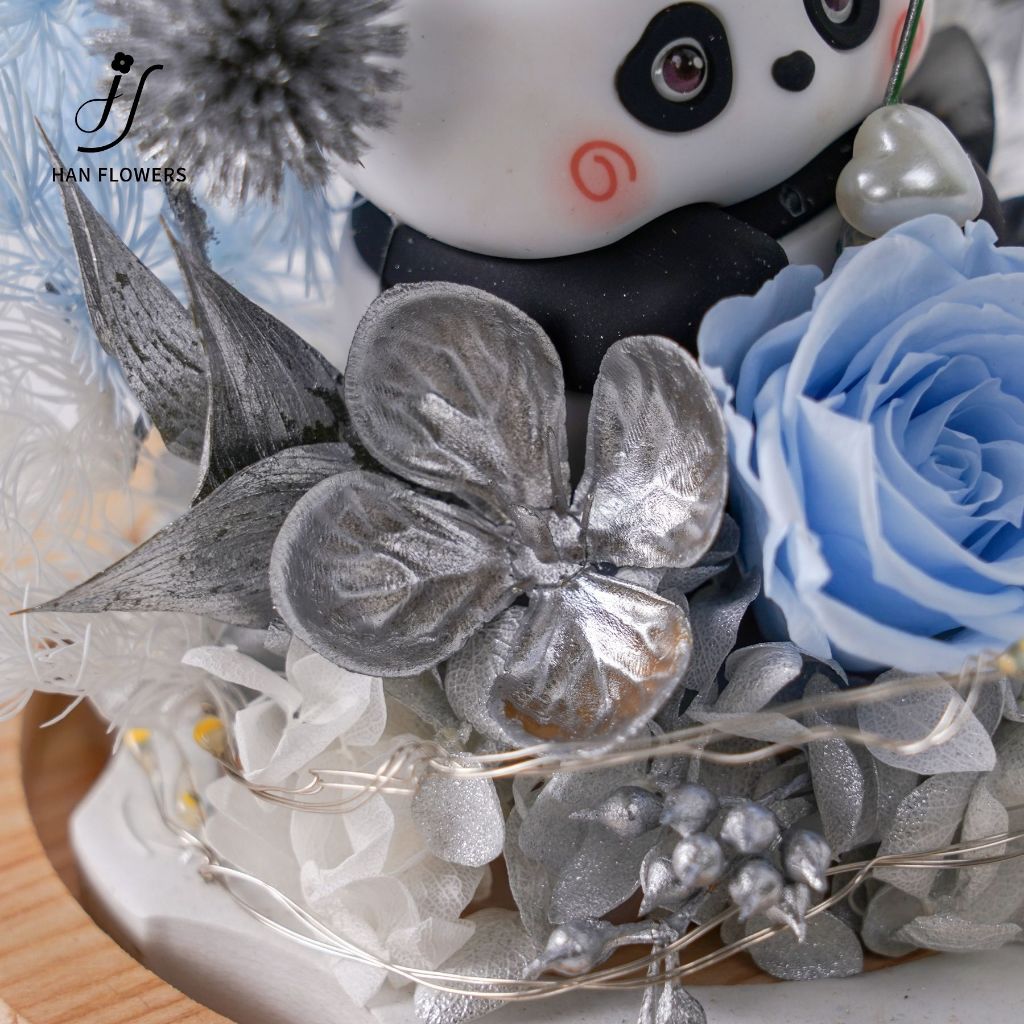 Preserved Flower Panda Fortune Design (Silver and LED Light)