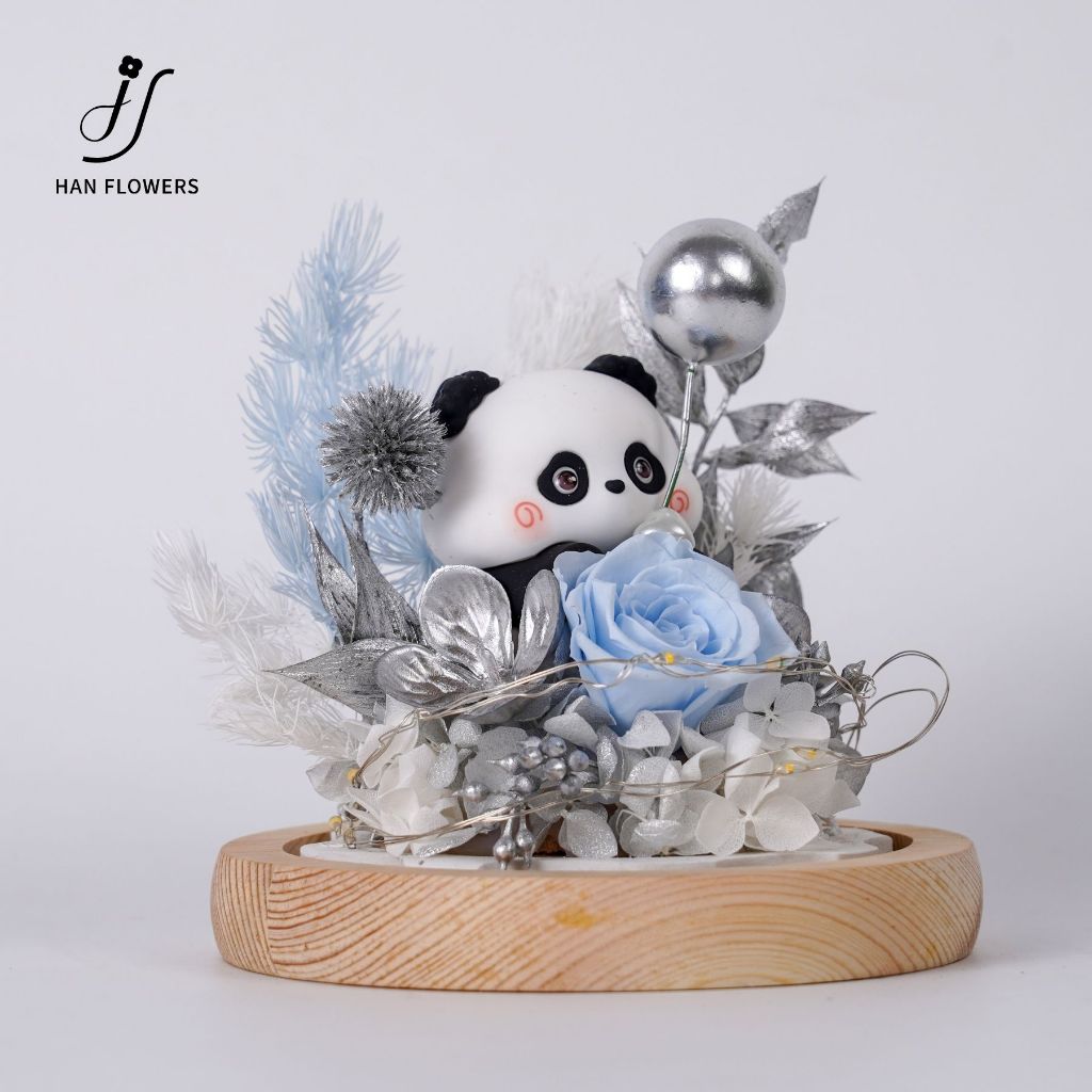 Preserved Flower Panda Fortune Design (Silver and LED Light)