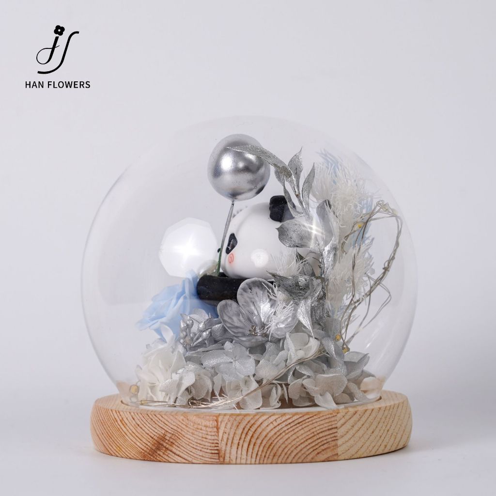 Preserved Flower Panda Fortune Design (Silver and LED Light)