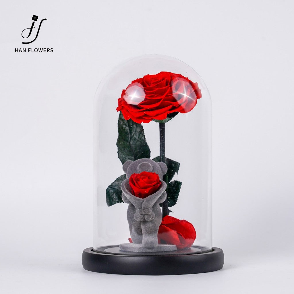 Preserved Rose Flower Bear in Glass Dome