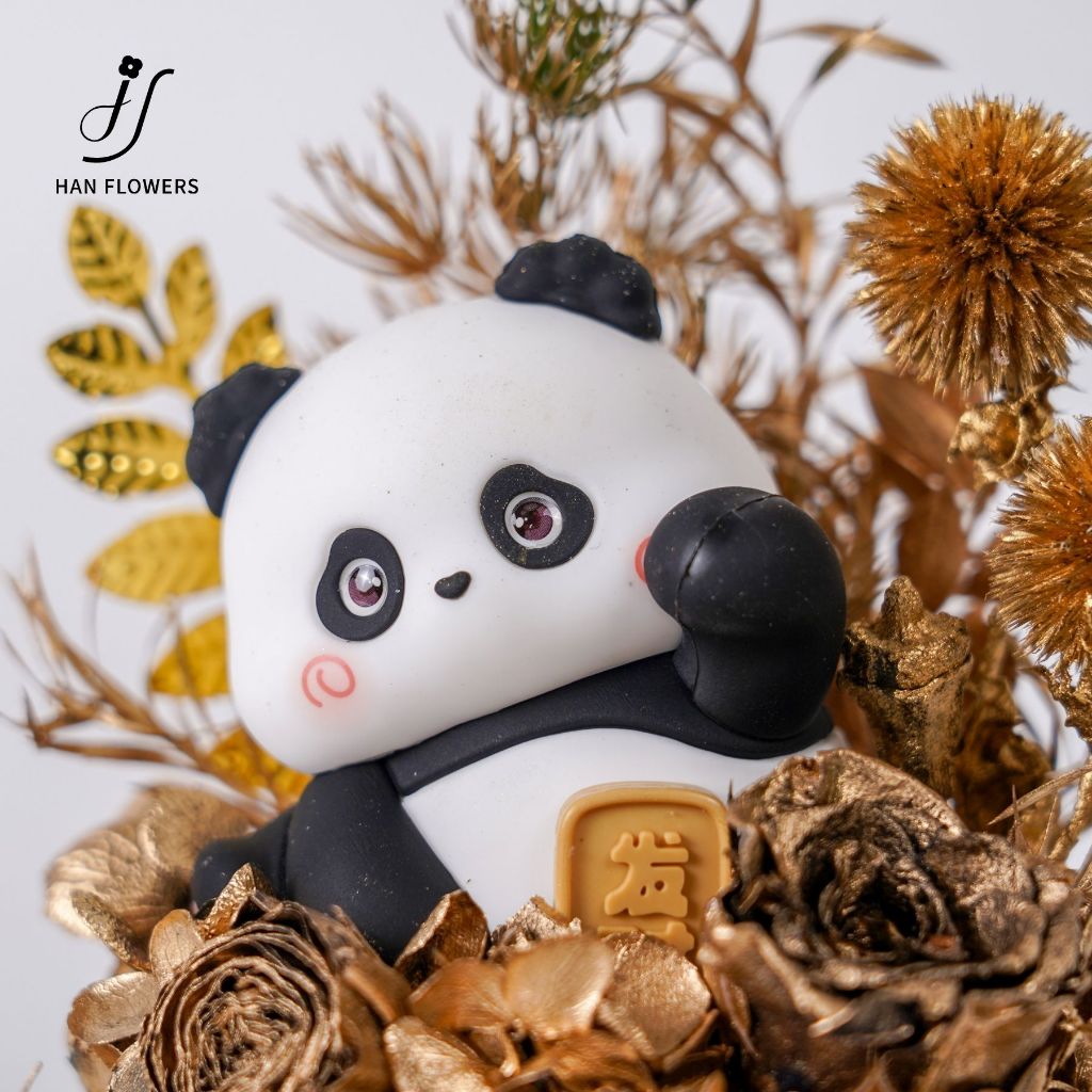 Preserved Flower Panda Fortune Design (Vintage Gold and LED Light)